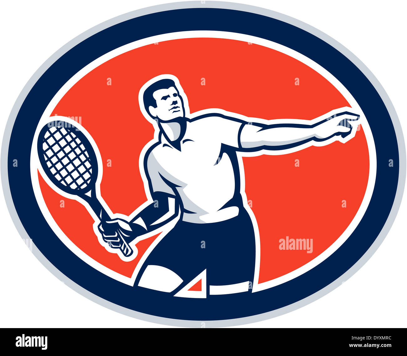Außenillustration ein Tennisspieler hält Schläger angesehen von vorne innen Oval auf isolierte Hintergrund getan im retro-Stil festgelegt. Stockfoto