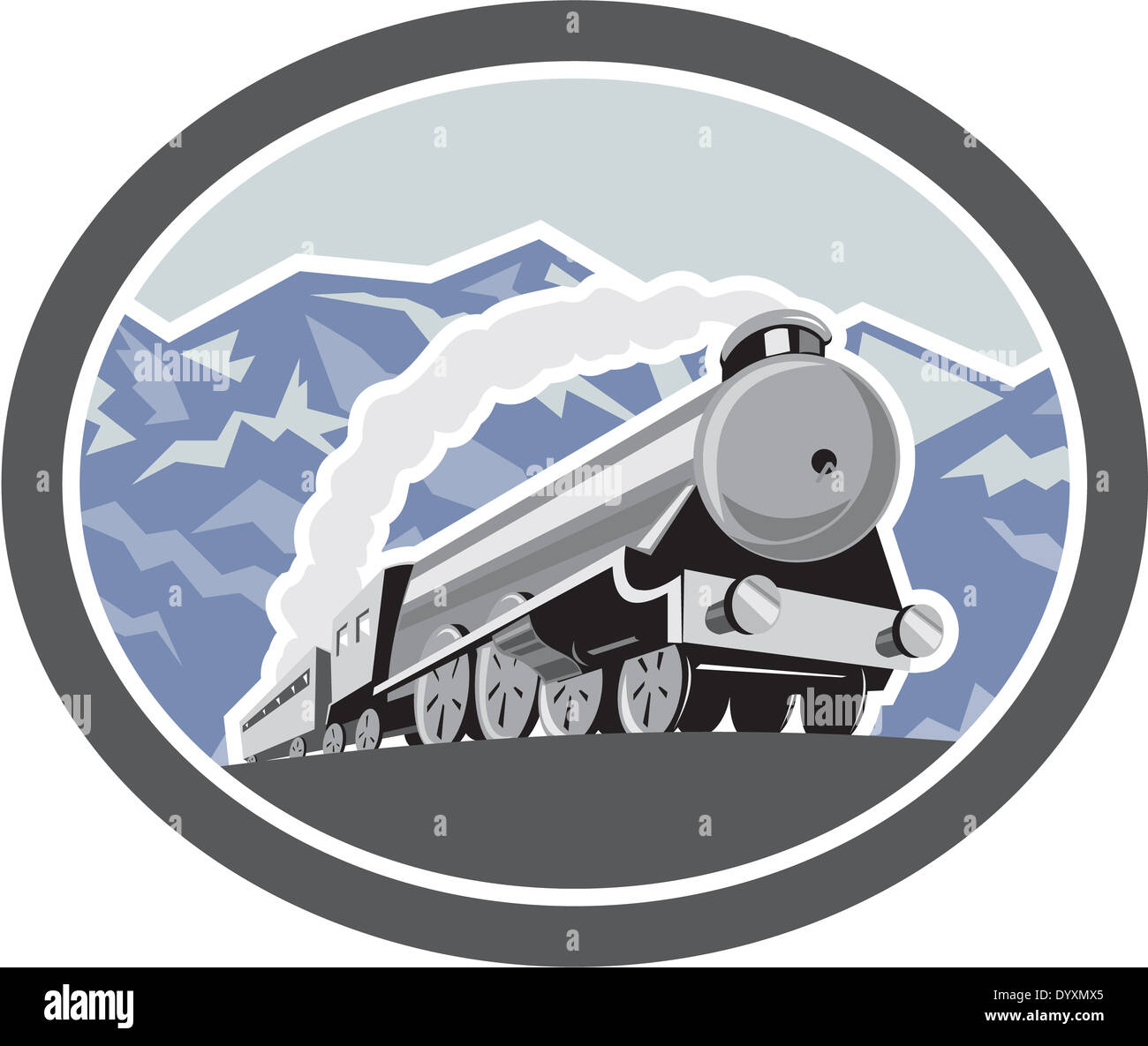 Abbildung einer Dampf Zug Lokomotive reisen mit Bergen im Hintergrund, die vom vorderen Satz in ovaler Form in getan Stockfoto