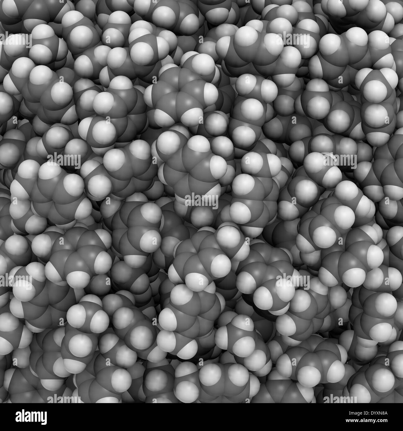 Molekulare Zusammensetzung der flüssigen Toluol - Detail. Atome werden als Kugeln mit konventionellen Farbkodierung dargestellt. Stockfoto