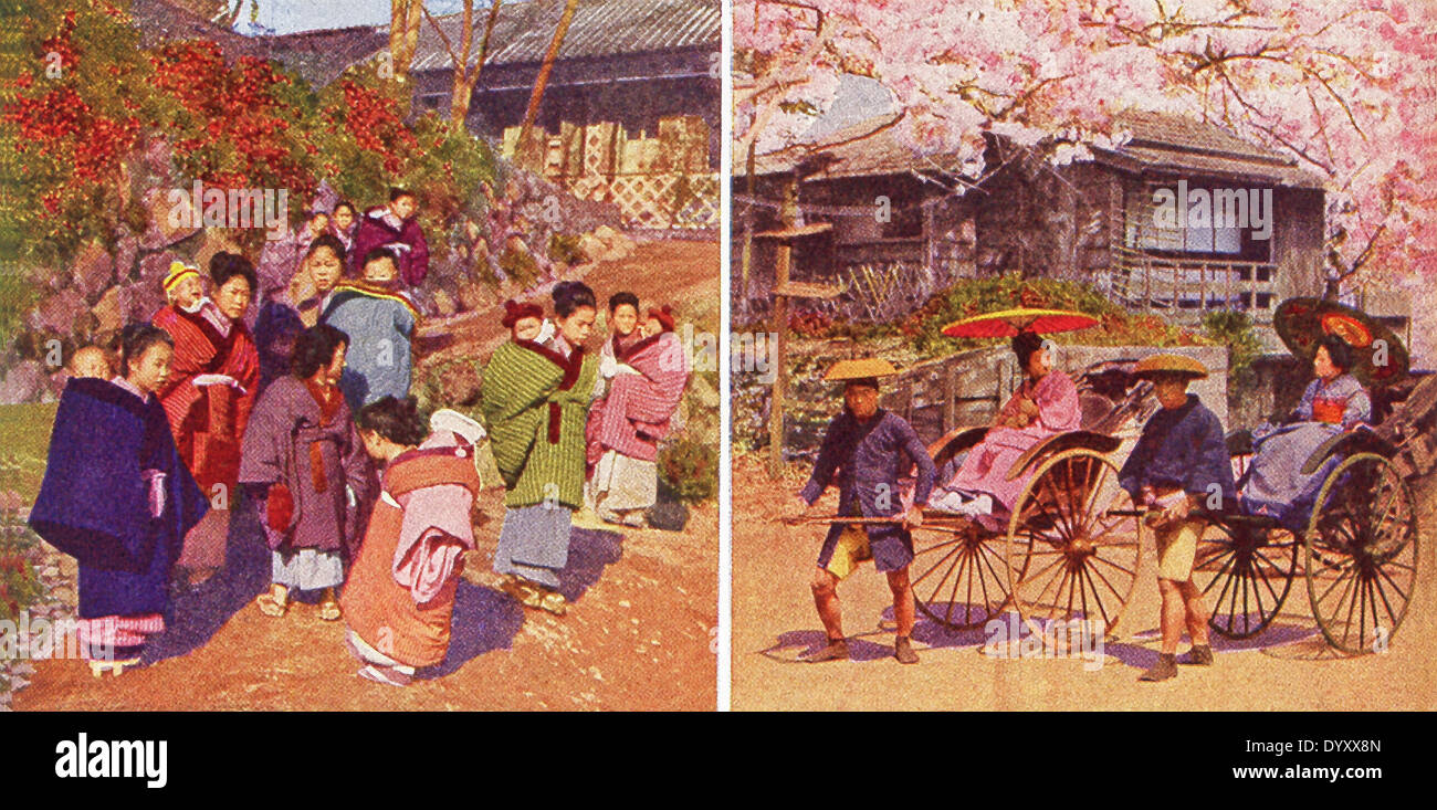 Diese Szenen in Japan bis 1909. Sie zeigen Babys und große Schwestern (links) und ein Jinrikisha Mann während der Zeit der Kirschblüte. Stockfoto