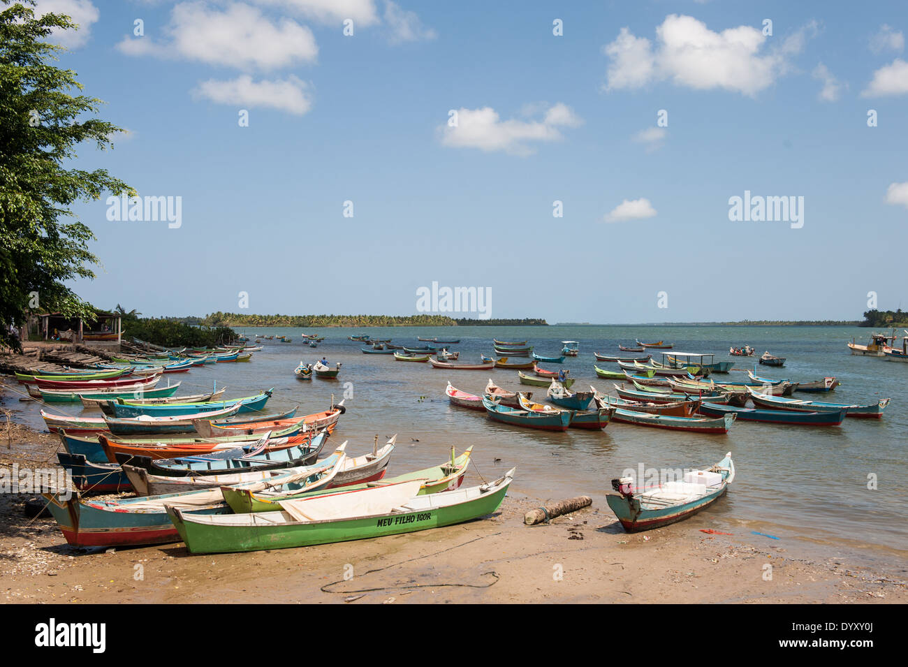 Piaçabuçu, Bundesstaat Alagoas, Brasilien. Angelboote/Fischerboote in der Bucht. Stockfoto