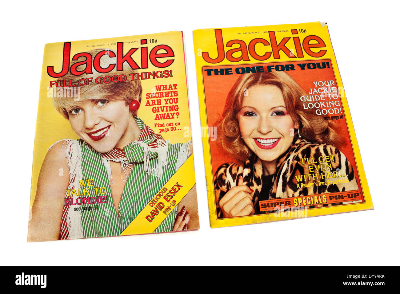 Paar der beliebten britischen Vintage "Jackie" Jugendzeitschriften aus 15/22. März 1980 Stockfoto