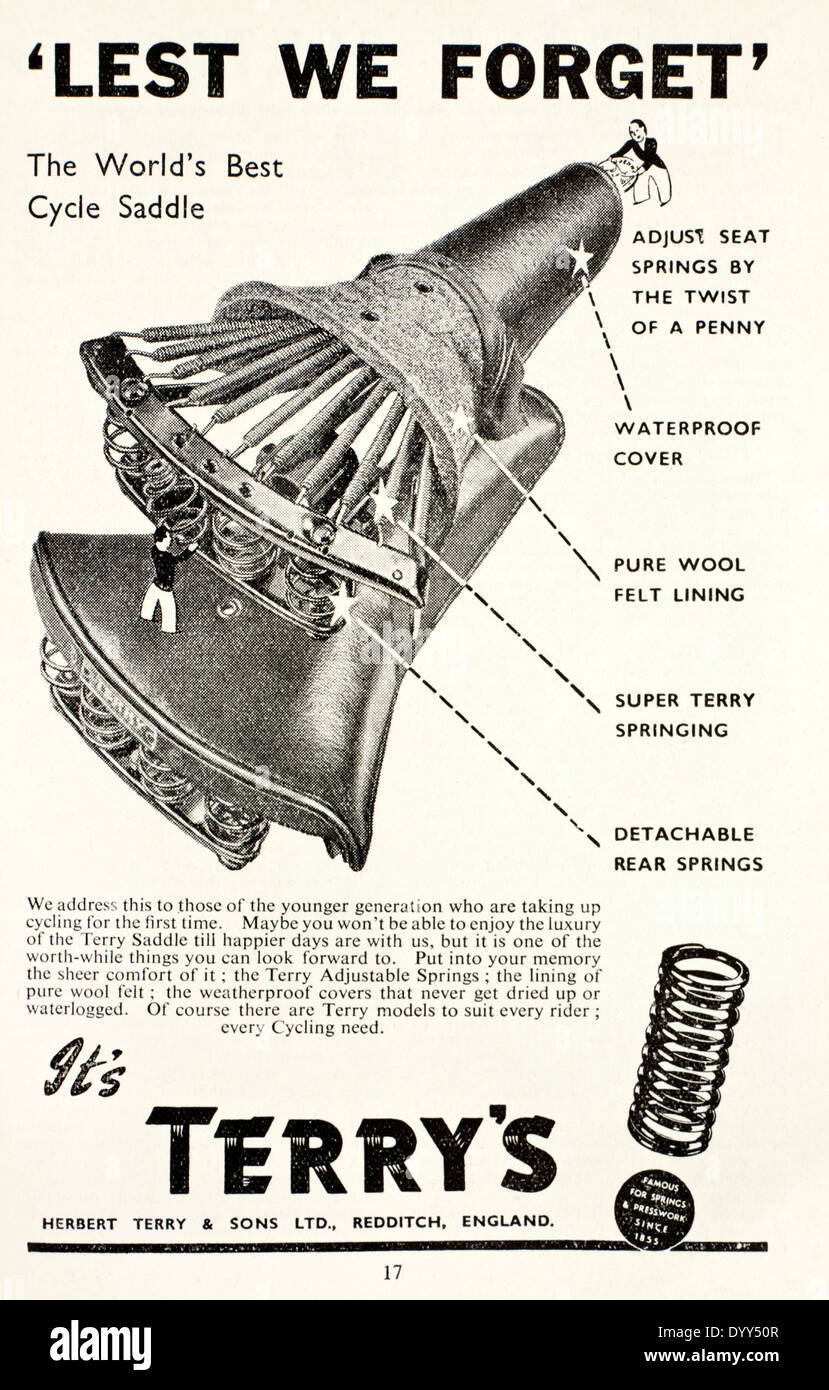 Jahrgang 1940 Anzeige aus "Boy es eigenes Papier" Magazin für die berühmten Terry Fahrradsattel von Herbert Terry & Söhne gemacht Stockfoto