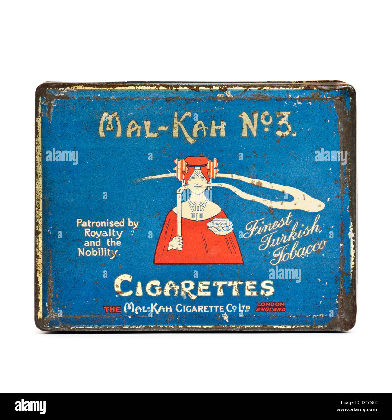 Antike Jugendstil (um 1900) Mal-Kah-Zigarette Zinn, "Patronised von Königtum und Adel", hält 100 Mal-Kah-Zigaretten Stockfoto
