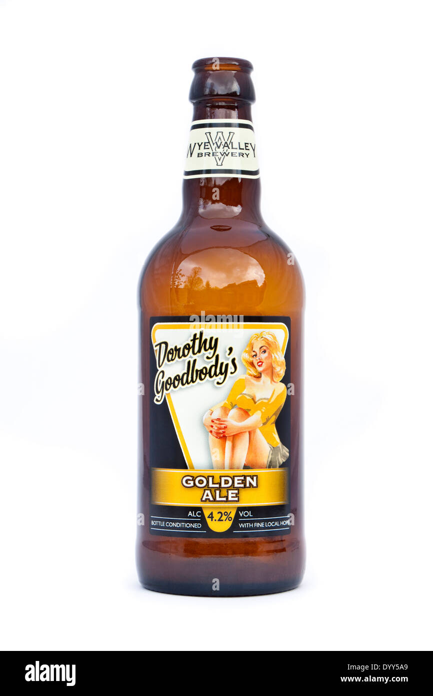 Eine Flasche "Dorothy Goodbodys Golden Ale" durch die Brauerei Wye Valley, einer Brauerei in das Dorf von Stoke Lacy, Herefordshire. Stockfoto