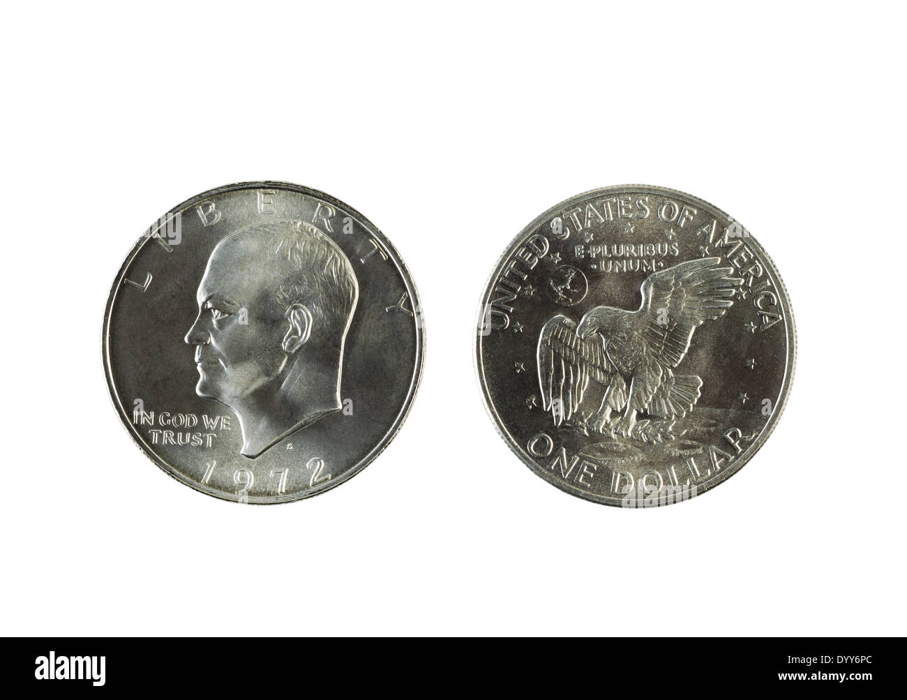 Nahaufnahme Foto von Eisenhower Silberdollars, Vorder- und Rückseite Seiten, isoliert auf weiss Stockfoto