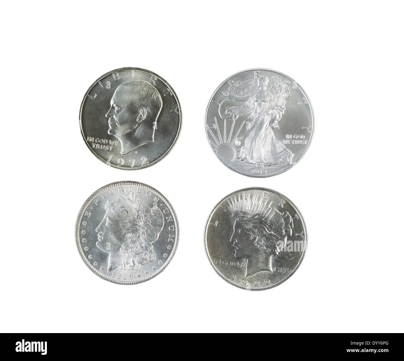 Nahaufnahme Foto eines Morgan, Frieden, Eisenhower und American Eagle Silver Dollar isoliert weiß Stockfoto