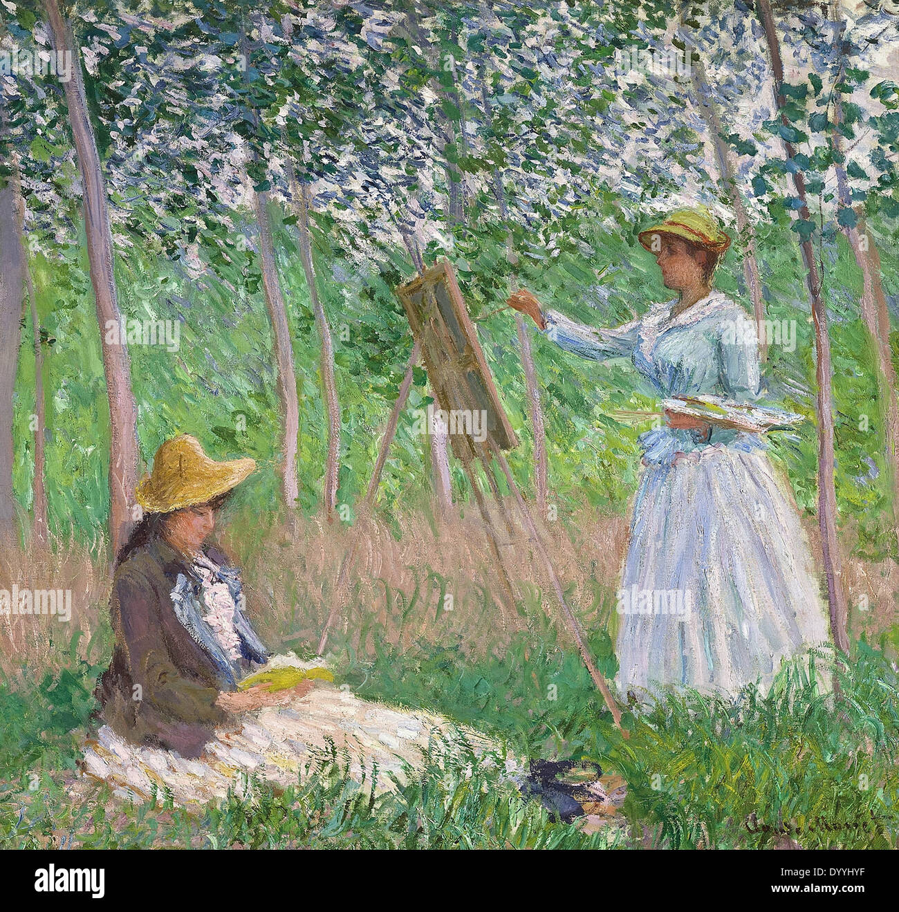 Claude Monet im Wald in Giverny - Blanche Hoschedé an ihrer Staffelei mit Suzanne Hoschedé lesen Stockfoto