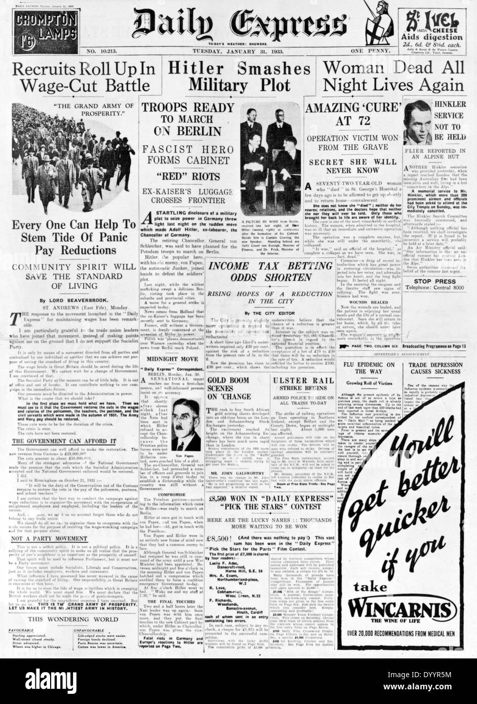 Überschrift die Ernennung Hitlers zum Reichskanzler in den Daily Express, 1933 Stockfoto