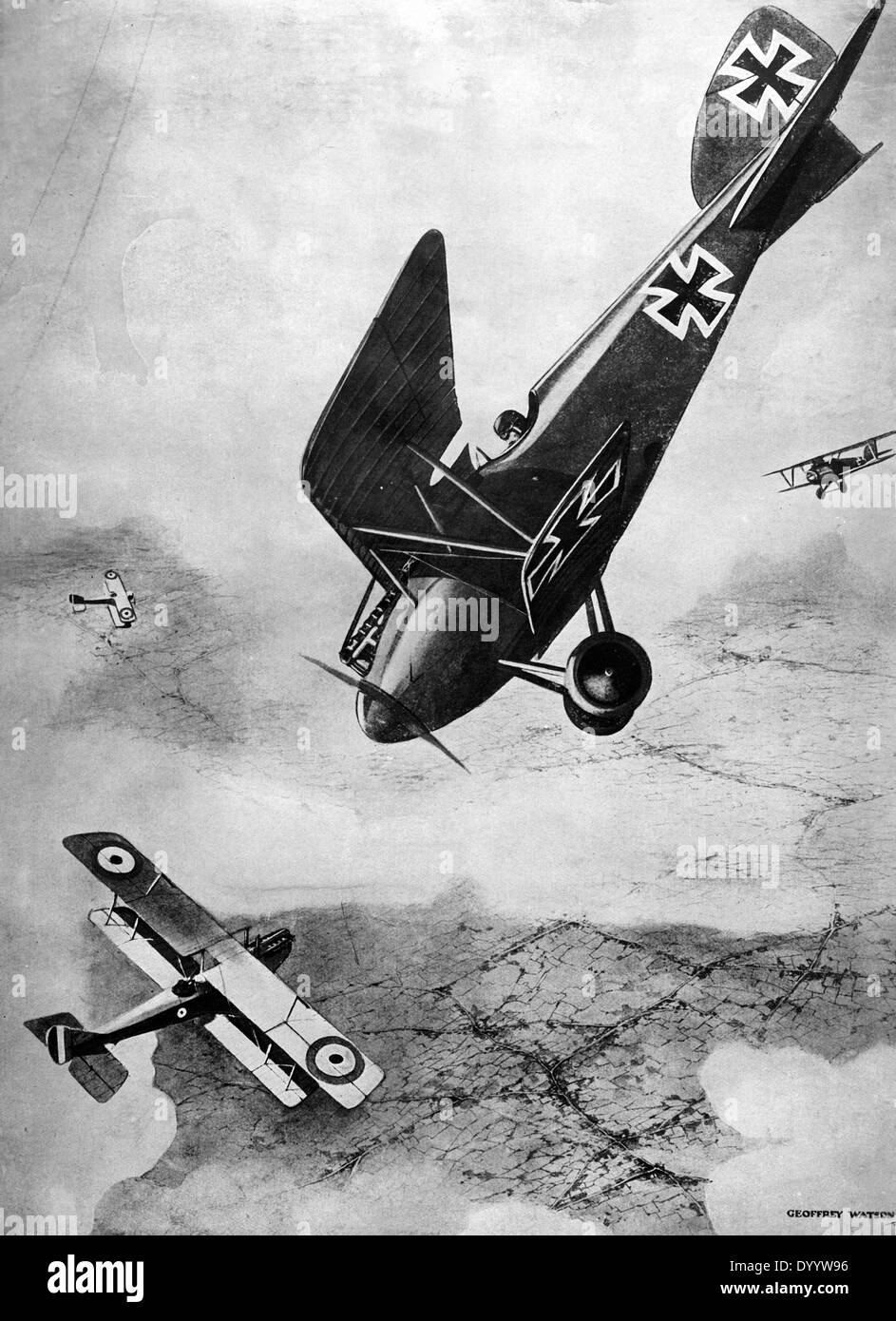 Luftkampf zwischen deutschen und britischen Flugzeugen, 1918 Stockfoto