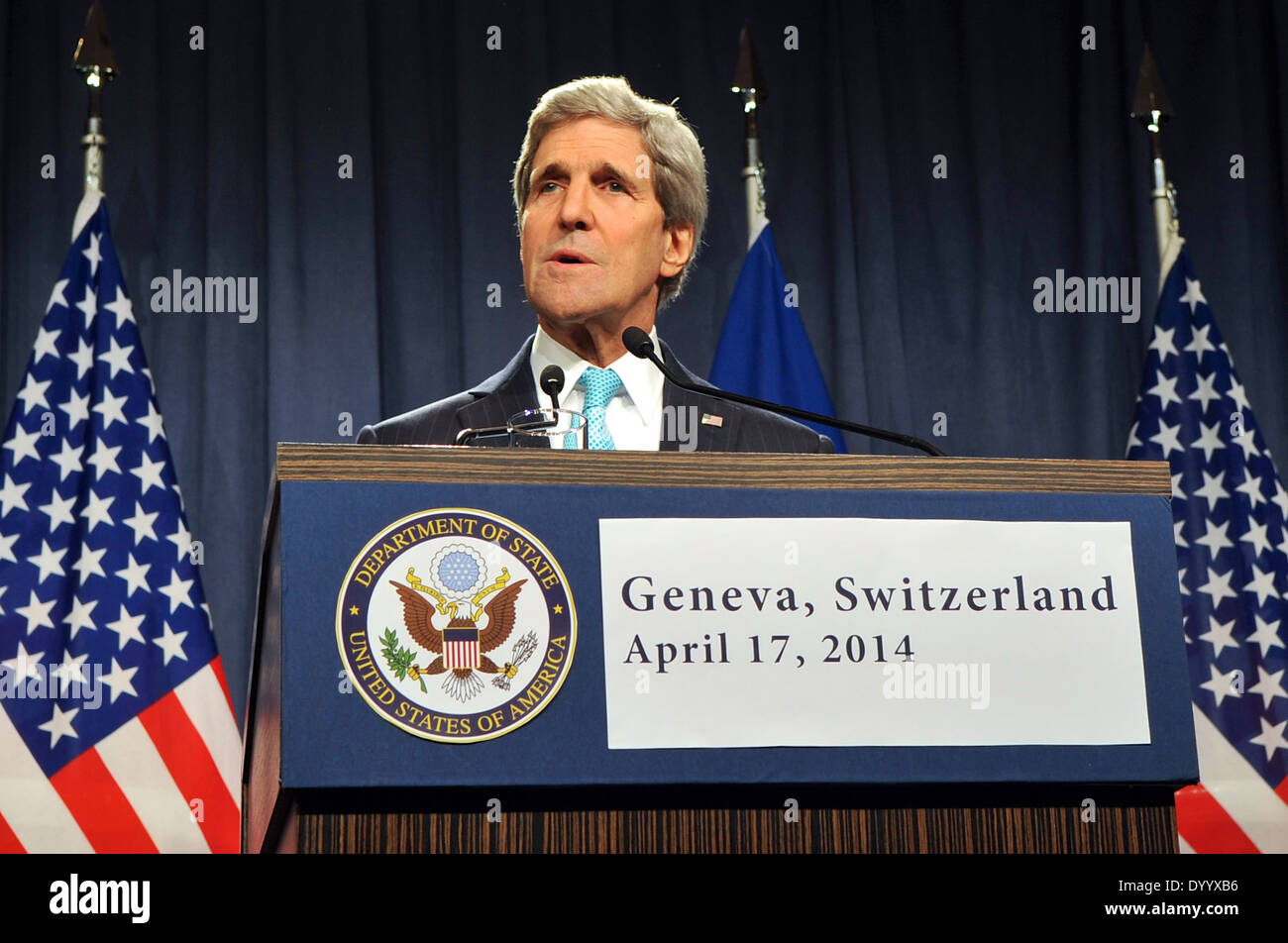 Secretary Kerry spricht bei Pressekonferenz nach Ukraine treffen in Genf Stockfoto