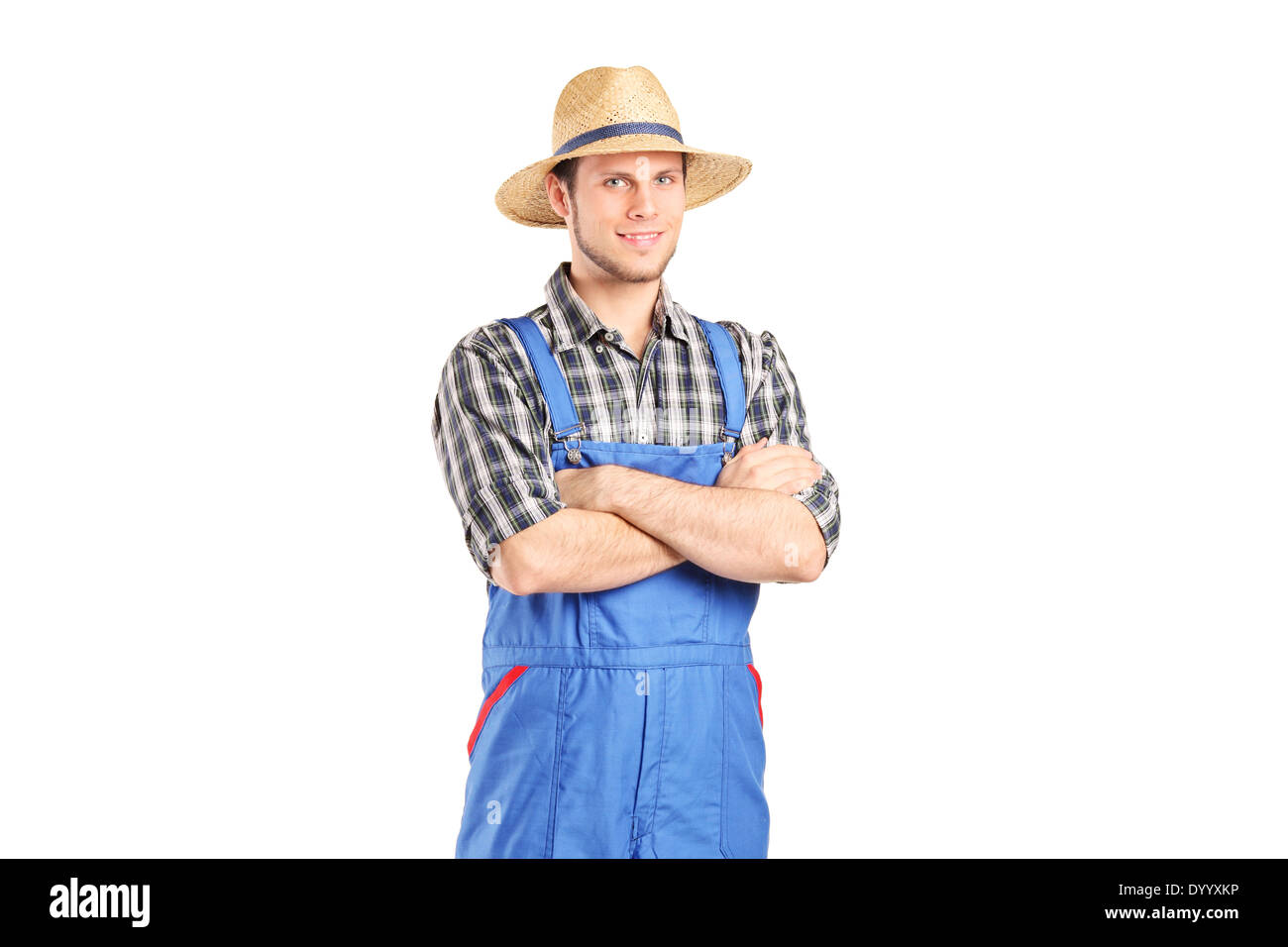 Männliche Landwirt in Overall posiert Stockfoto