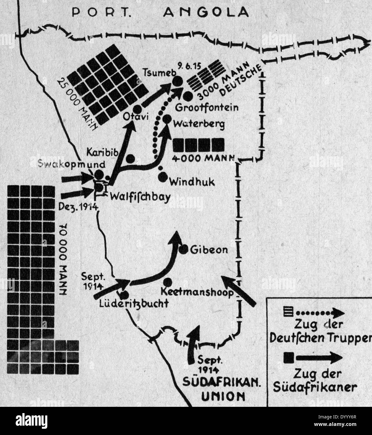 Karte von Deutsch-Südwestafrika im ersten Weltkrieg Stockfoto