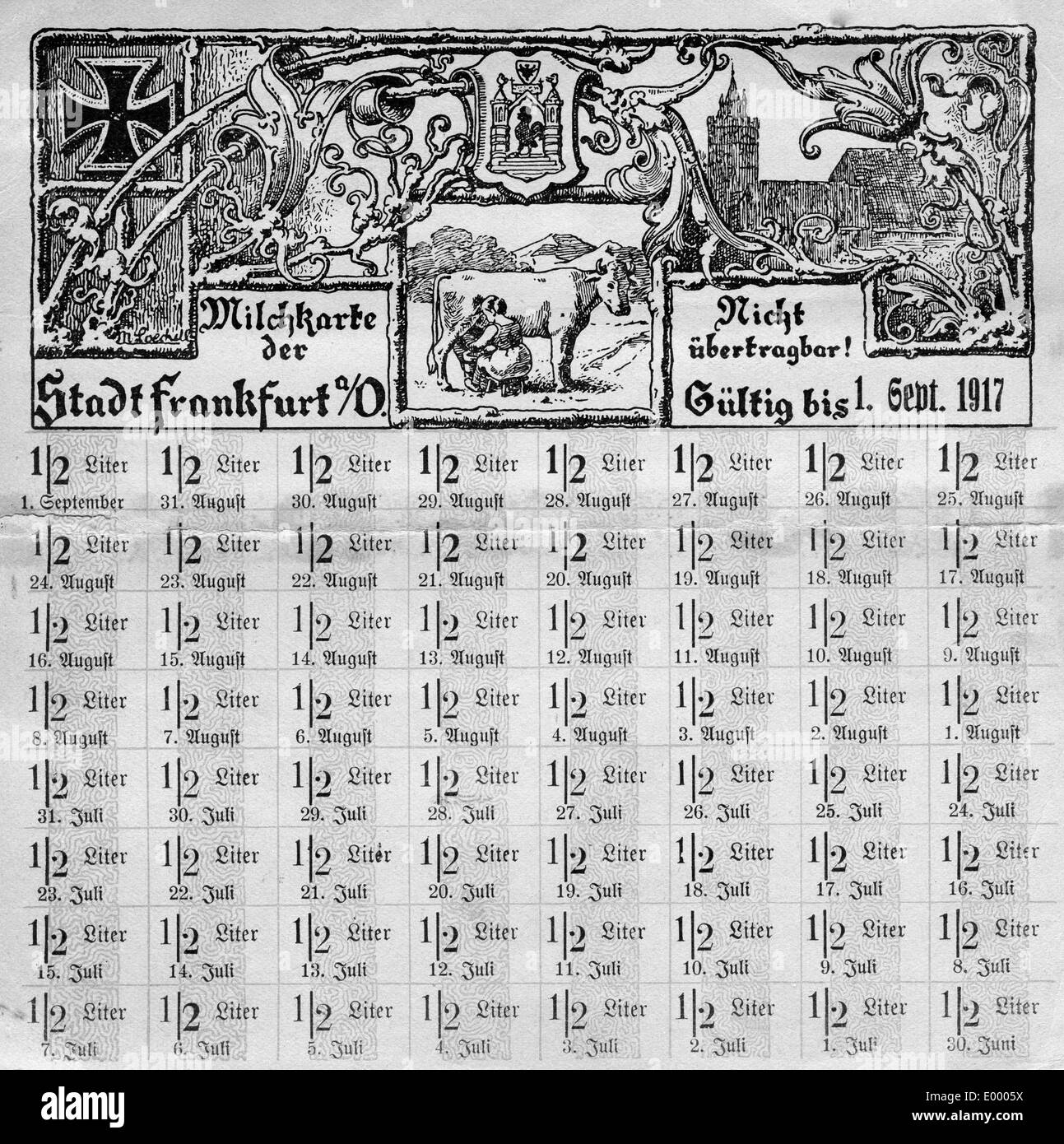 Milch Rationierungskarte aus Frankfurt An Der Oder, 1917 Stockfoto