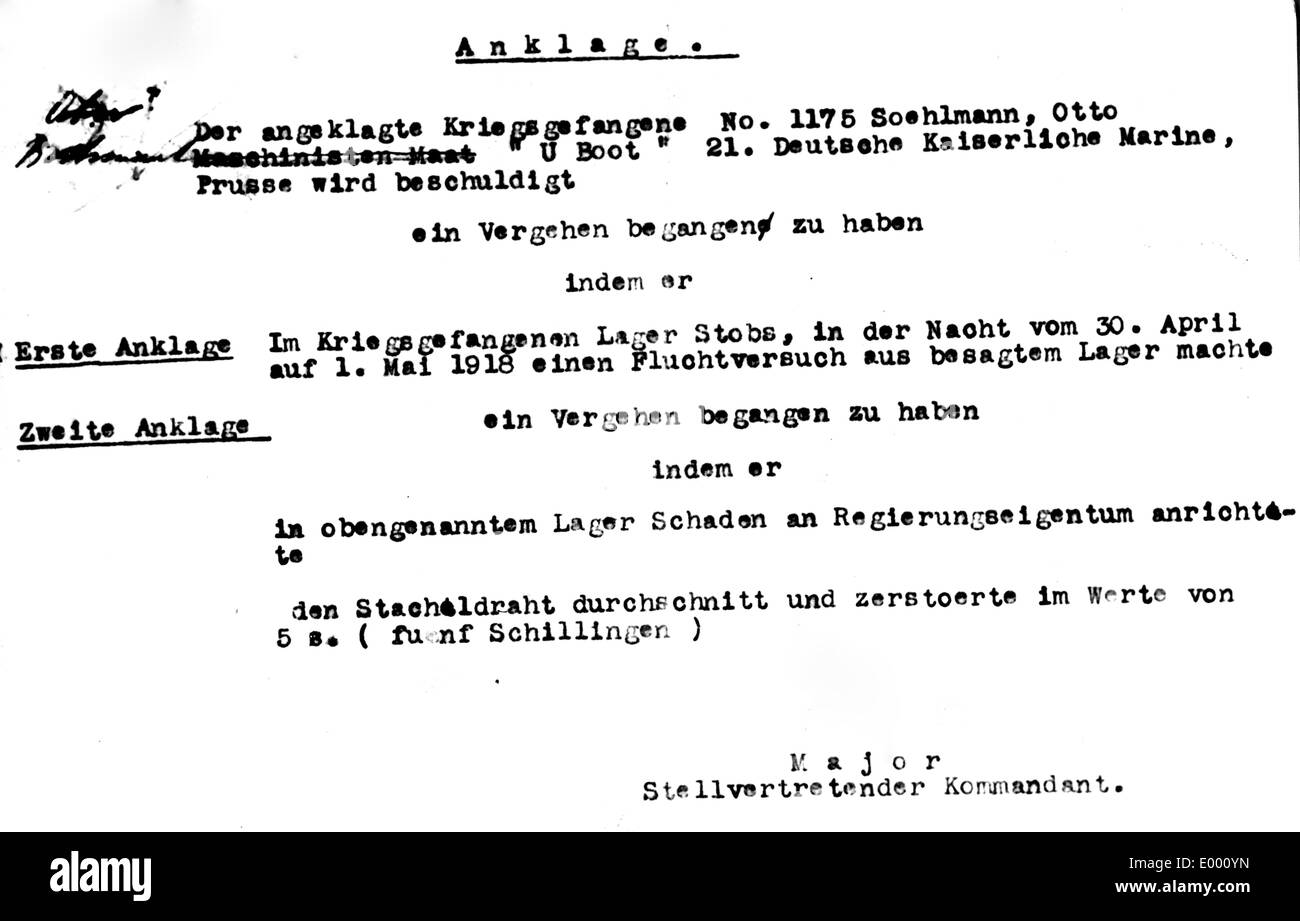 Der Anklageschrift gegen eine deutsche Gefangenschaft, 1918 Stockfoto