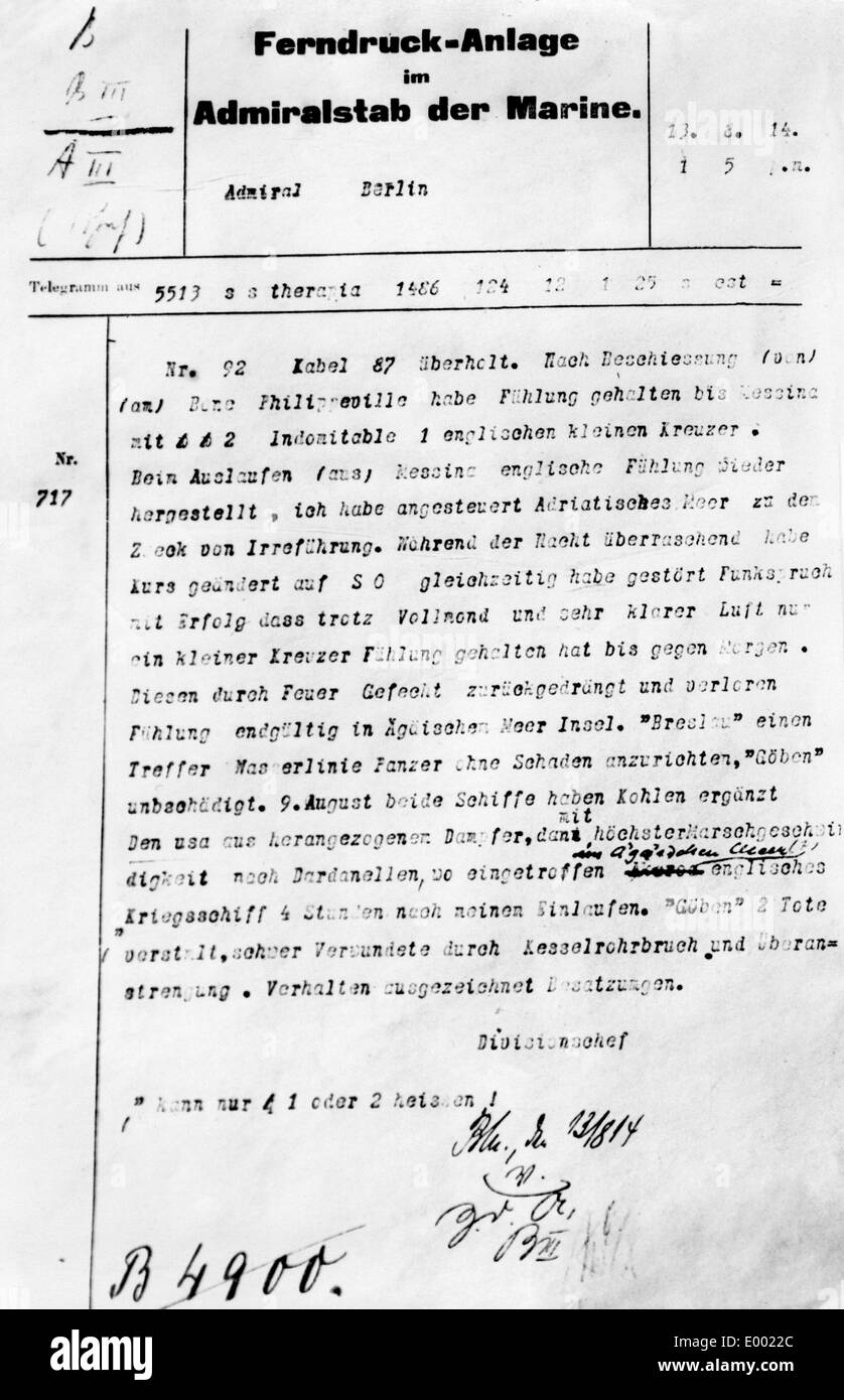 Telegramm von SMS Goeben, 1914 Stockfoto