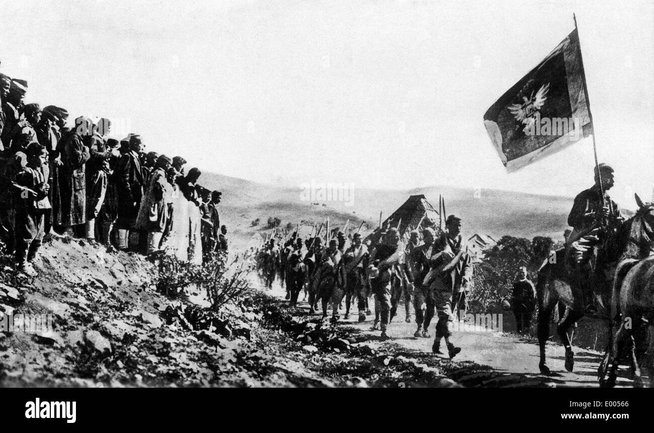 Montenegrinische Soldaten dargelegt, Schlacht, 1915 Stockfoto