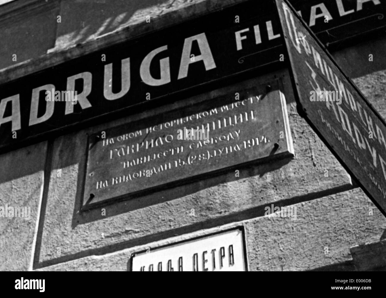 Gedenktafel für Princip in Sarajevo, 1920 Jahren Stockfoto