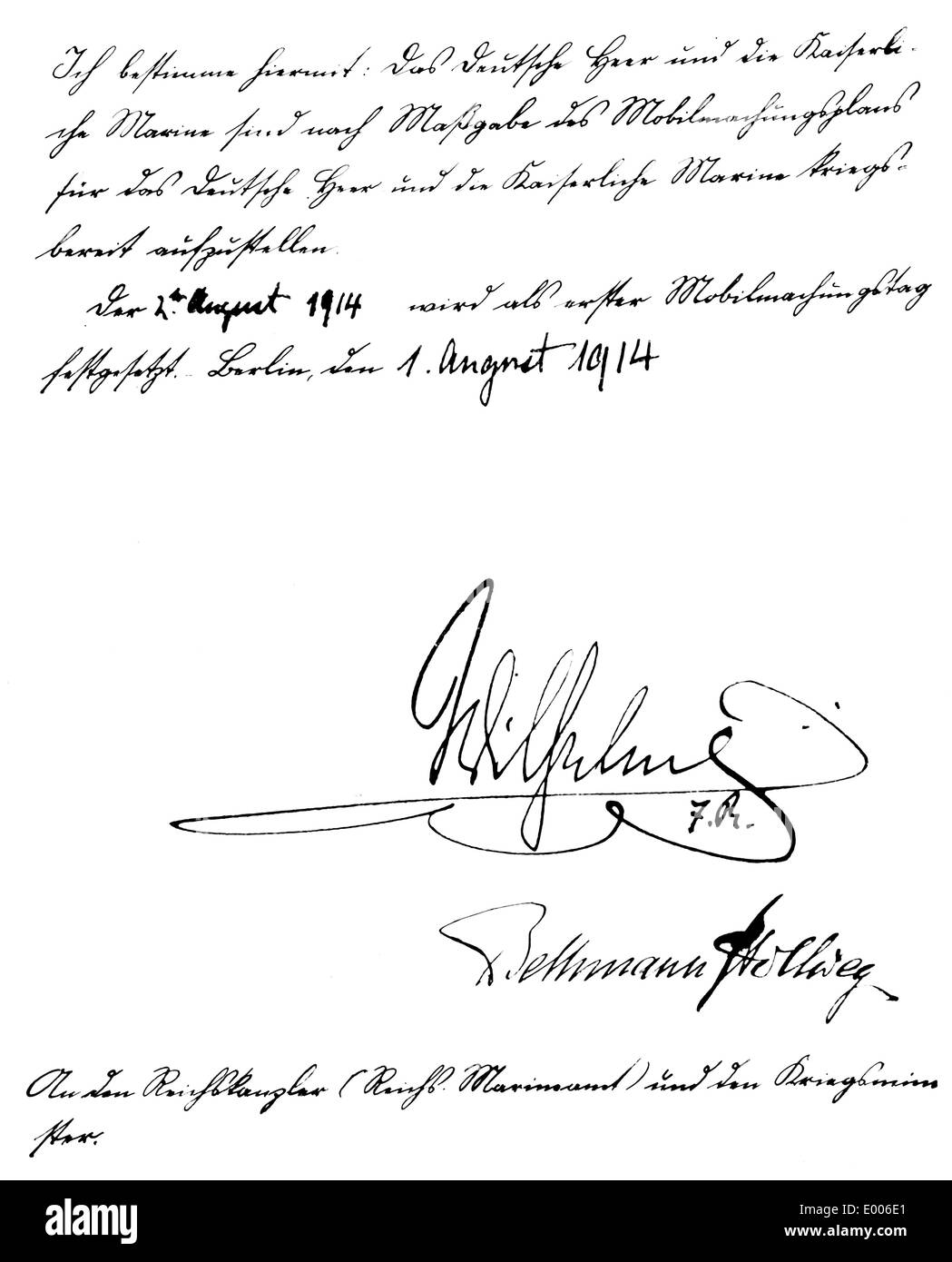 Reihenfolge der Mobilisierung, 1914 Stockfoto