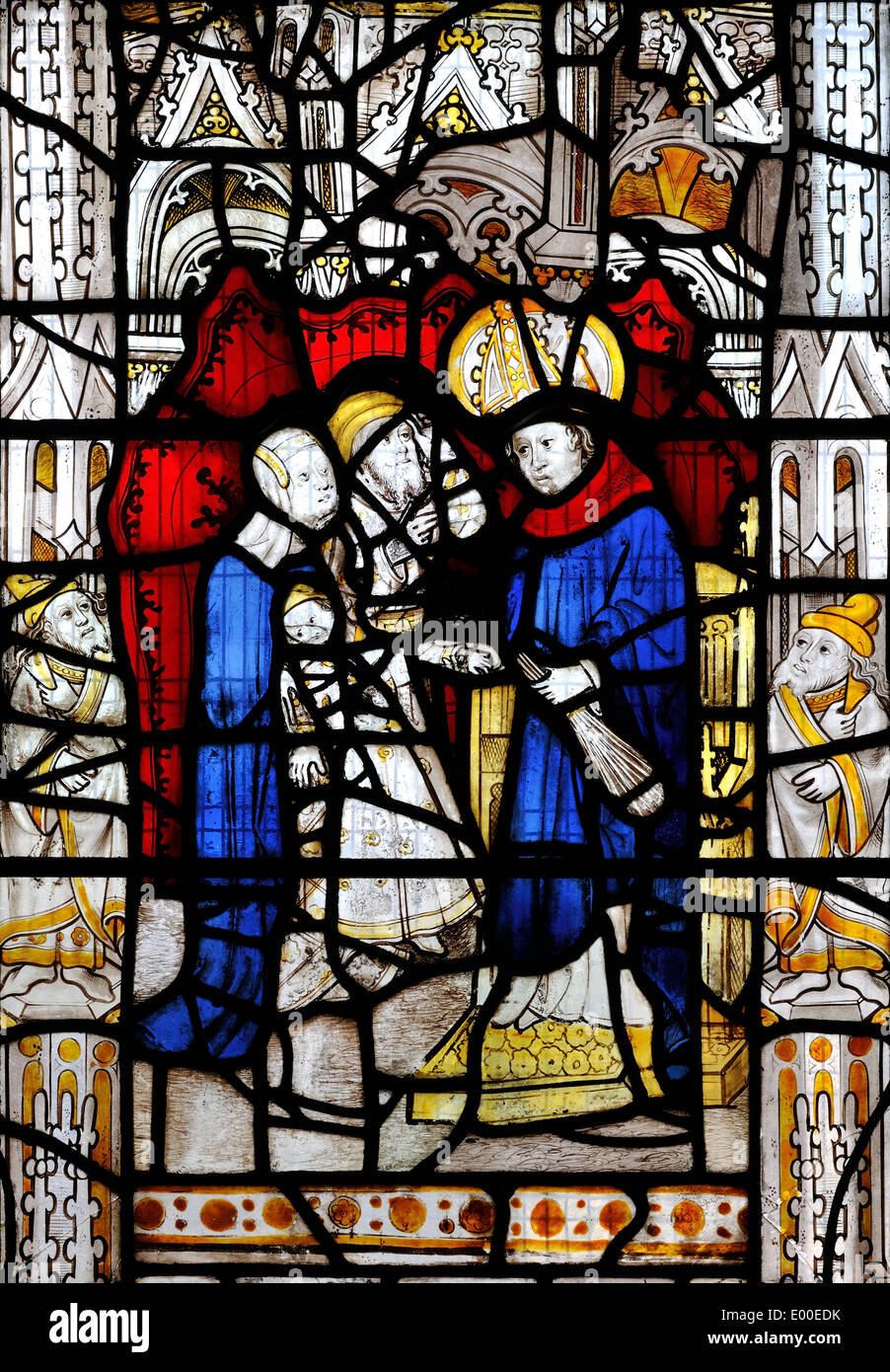 Mittelalterliche Darstellung von St. Martin, als Kind, nach seinem Lehrer, Kirche von Saint Martin-le-Grand, York, England präsentiert panel Stockfoto