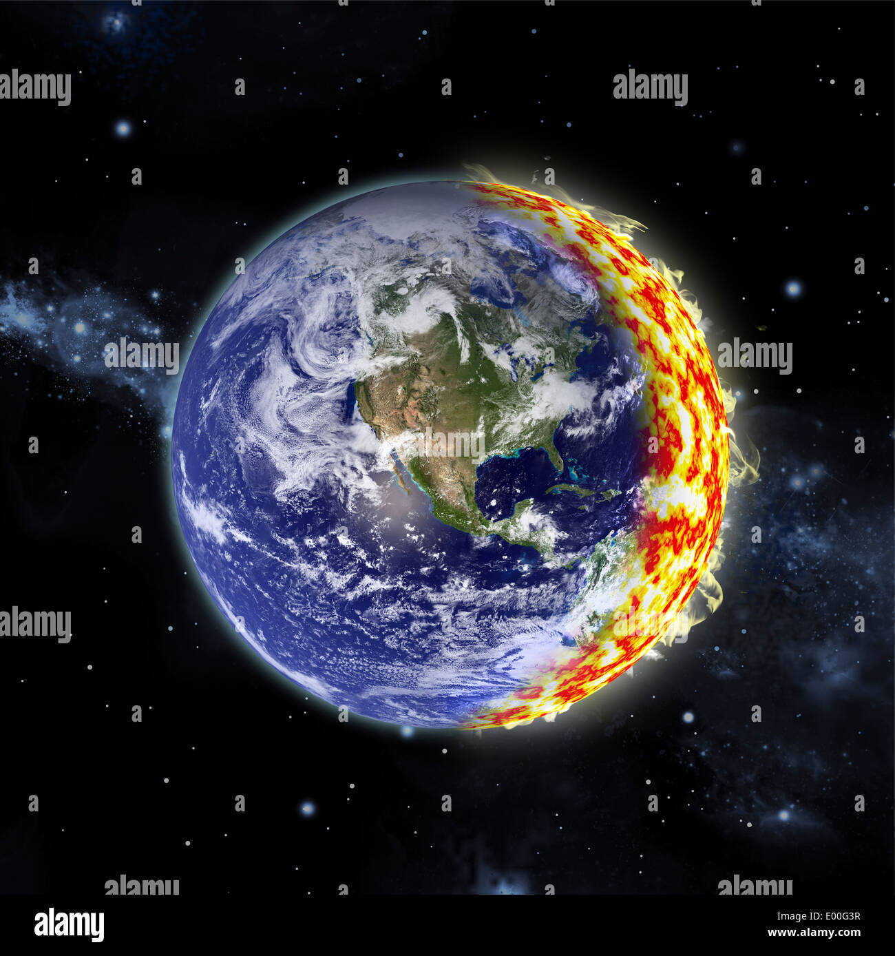 Eine künstlerische Darstellung des Planeten Erde Feuer fangen. Stockfoto