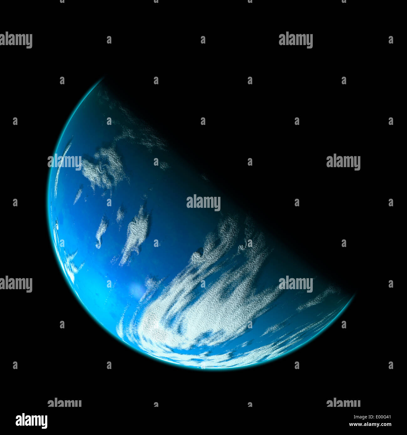 Eine künstlerische Darstellung eines Wassers bedeckt Welt im Deep Space durch ein es beleuchtet den Mutterstern. Stockfoto
