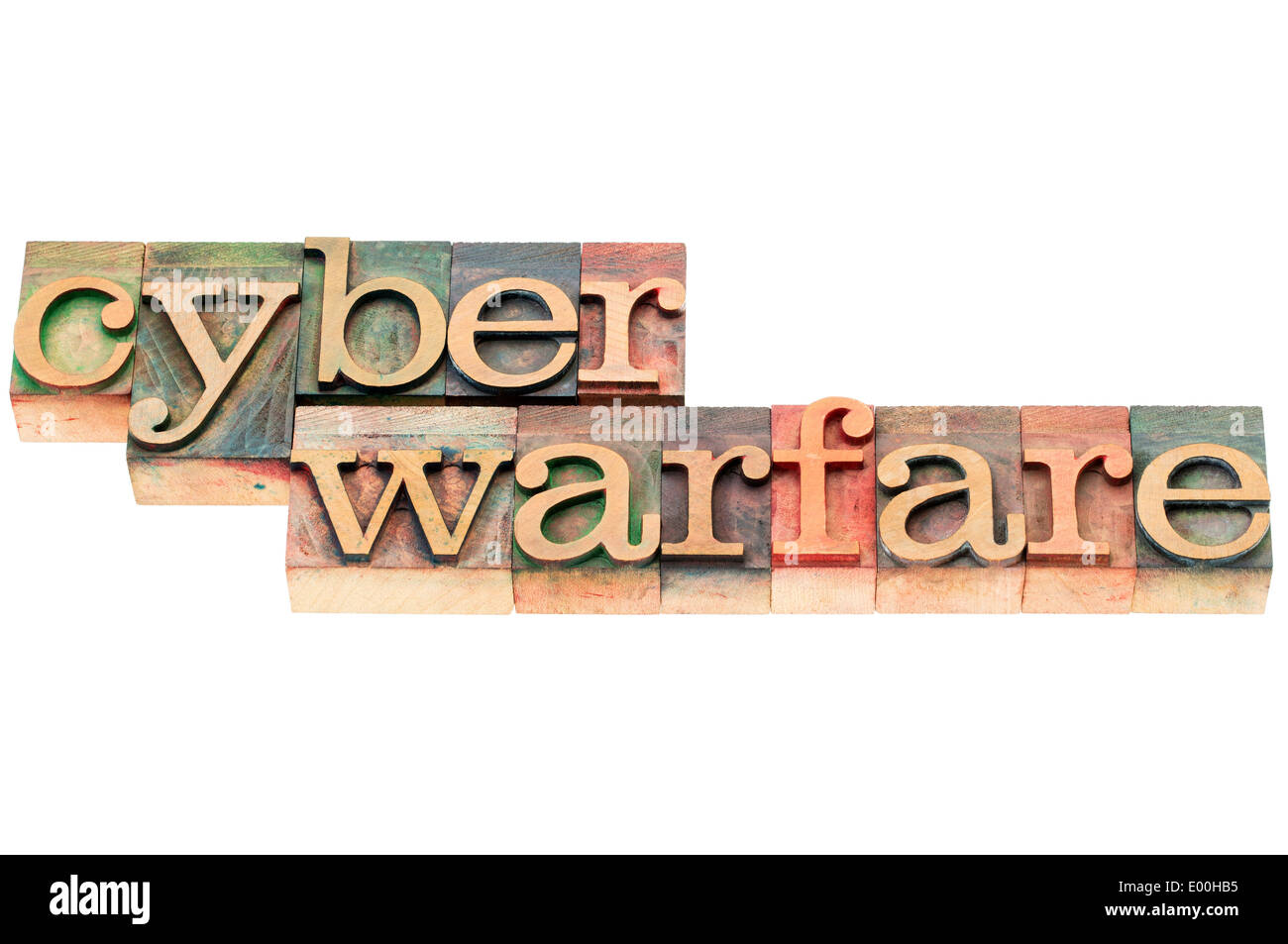 Cyber-Kriegsführung Wörter - isolierten Text im Buchdruck Holzart durch Farbe Farben gebeizt Stockfoto