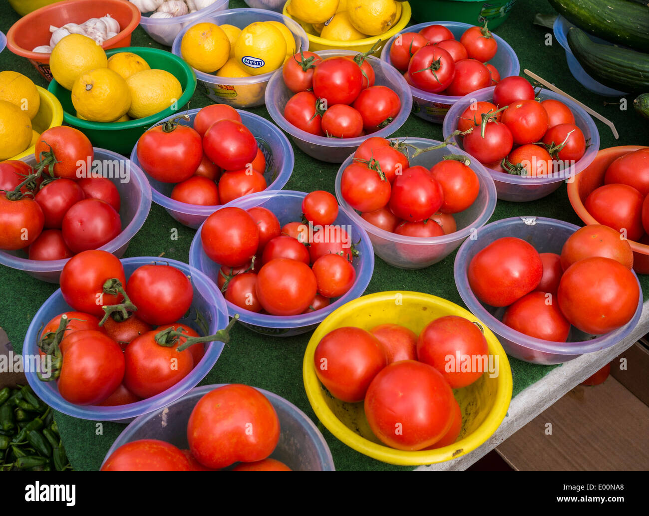 parallelen Reihen von leuchtend rote Tomaten und Orangen in Plastikschalen blau und gelb erhältlich Stockfoto