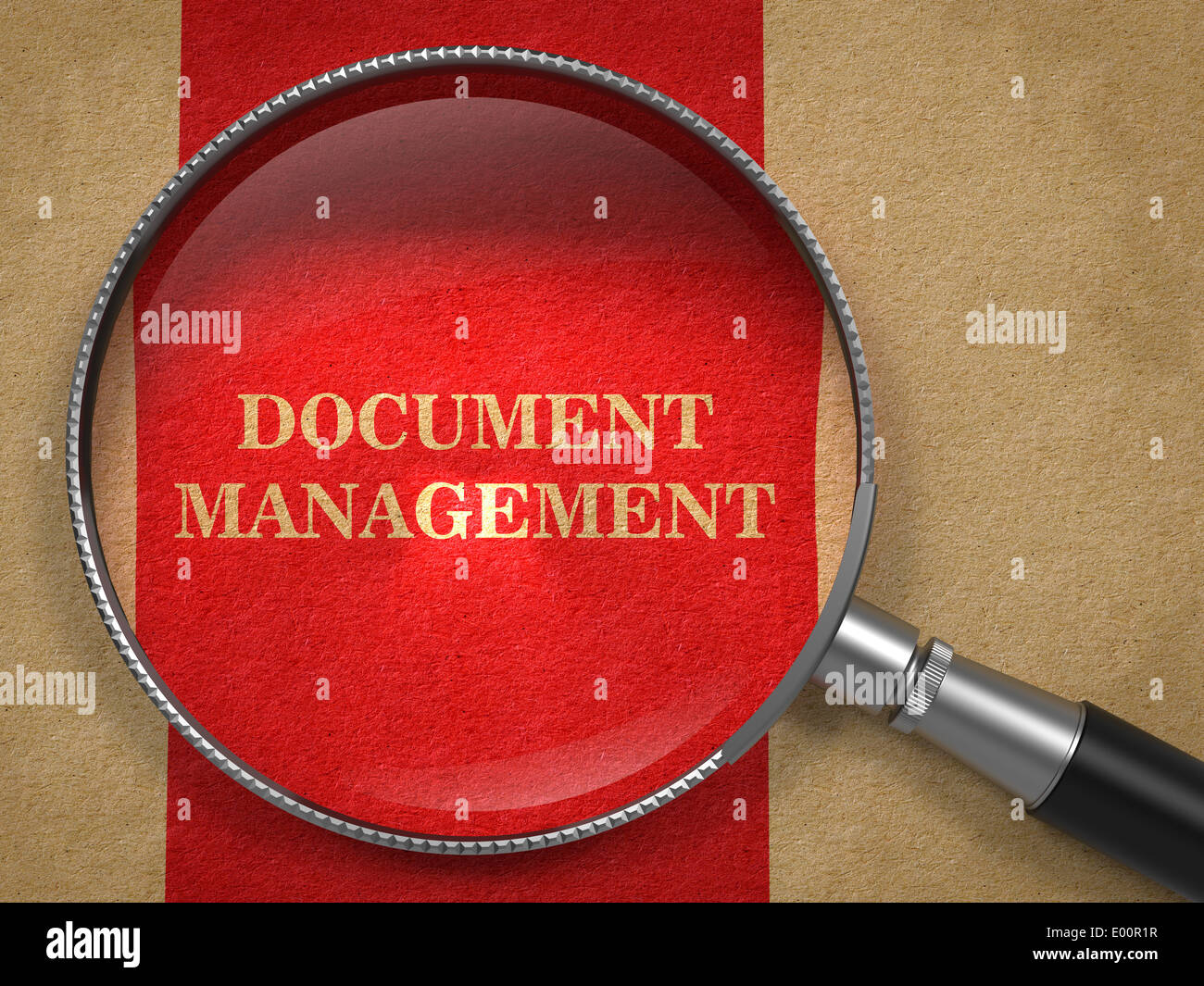 Dokumenten-Management. Lupe auf altes Papier mit rote vertikale Linie. Stockfoto