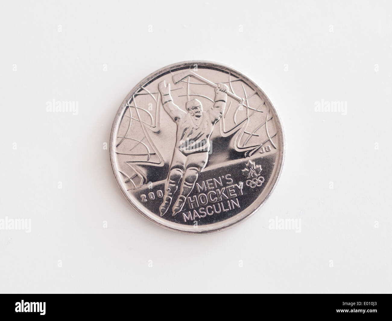 Eine kanadische Viertel (25-Cent-Münze) dargestellt Kanadas 2002 Olympisches Gold im Herren Hockey. Stockfoto