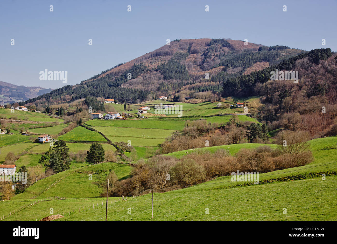 Bauernhöfe in Gipuzkoa auf einem Hügel Stockfoto