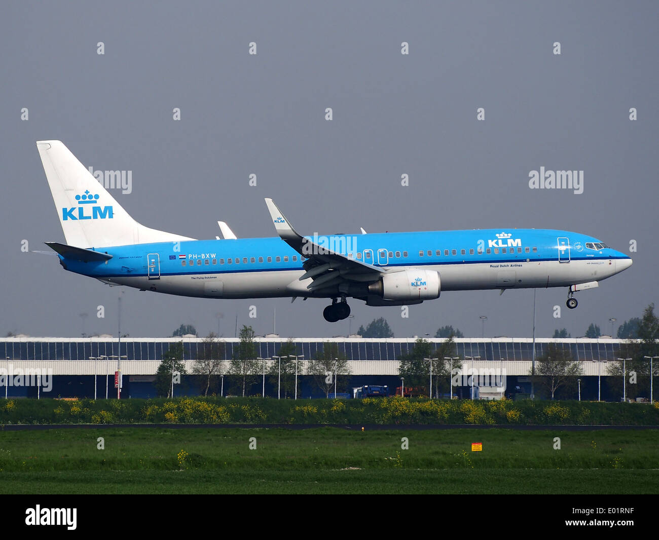 KLM Boeing 737 Next Gen, Registrierung PH-BXW, Landung am Flughafen Schiphol (AMS) in Amsterdam, Niederlande. Dieses Flugzeug gehört zur Flotte der KLM, die für kurz- bis Mittelstreckenflüge eingesetzt wird. Stockfoto