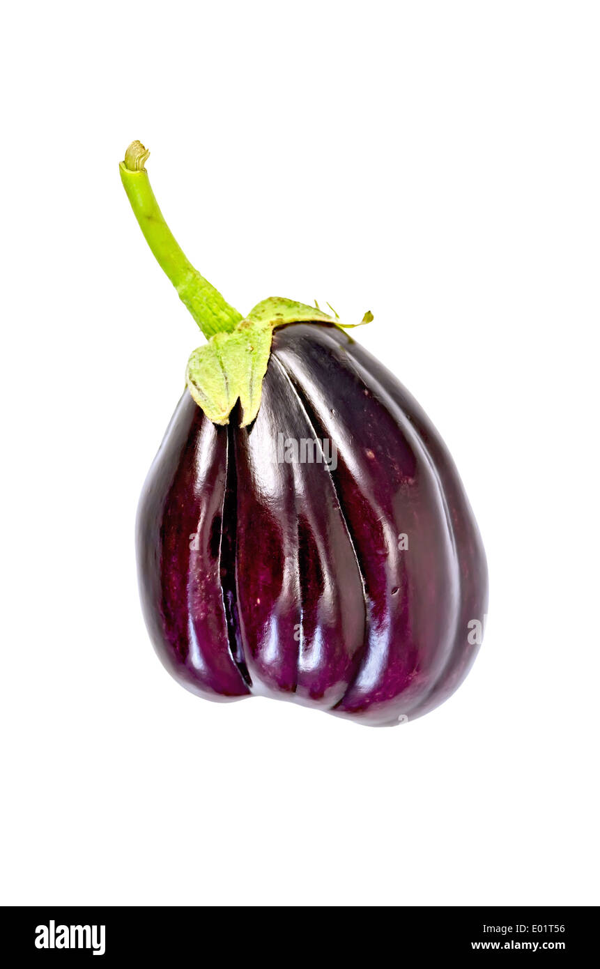 Aubergine violett mit grünem Stiel isoliert auf weißem Hintergrund Stockfoto