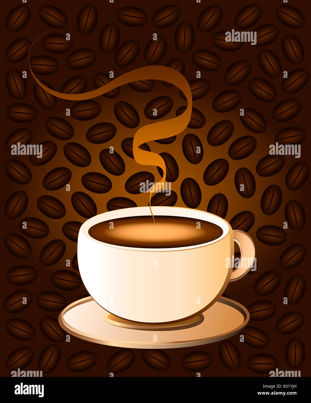 Heißen Kaffee in einem Creme farbigen Porzellan Tasse - braunen Hintergrund mit Kaffeebohne Muster. Stockfoto