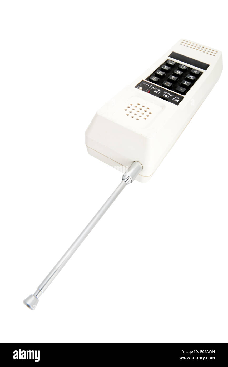 Ein weißer schnurloses Telefon von den Eigthes mit schwarzen Knöpfen und eine Teleskop-Antenne Stockfoto