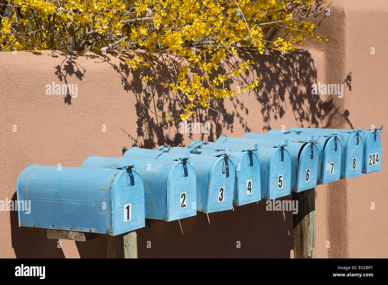 Reihe von blauen Postfächer nummeriert von 1 bis 8 und 204. Stockfoto