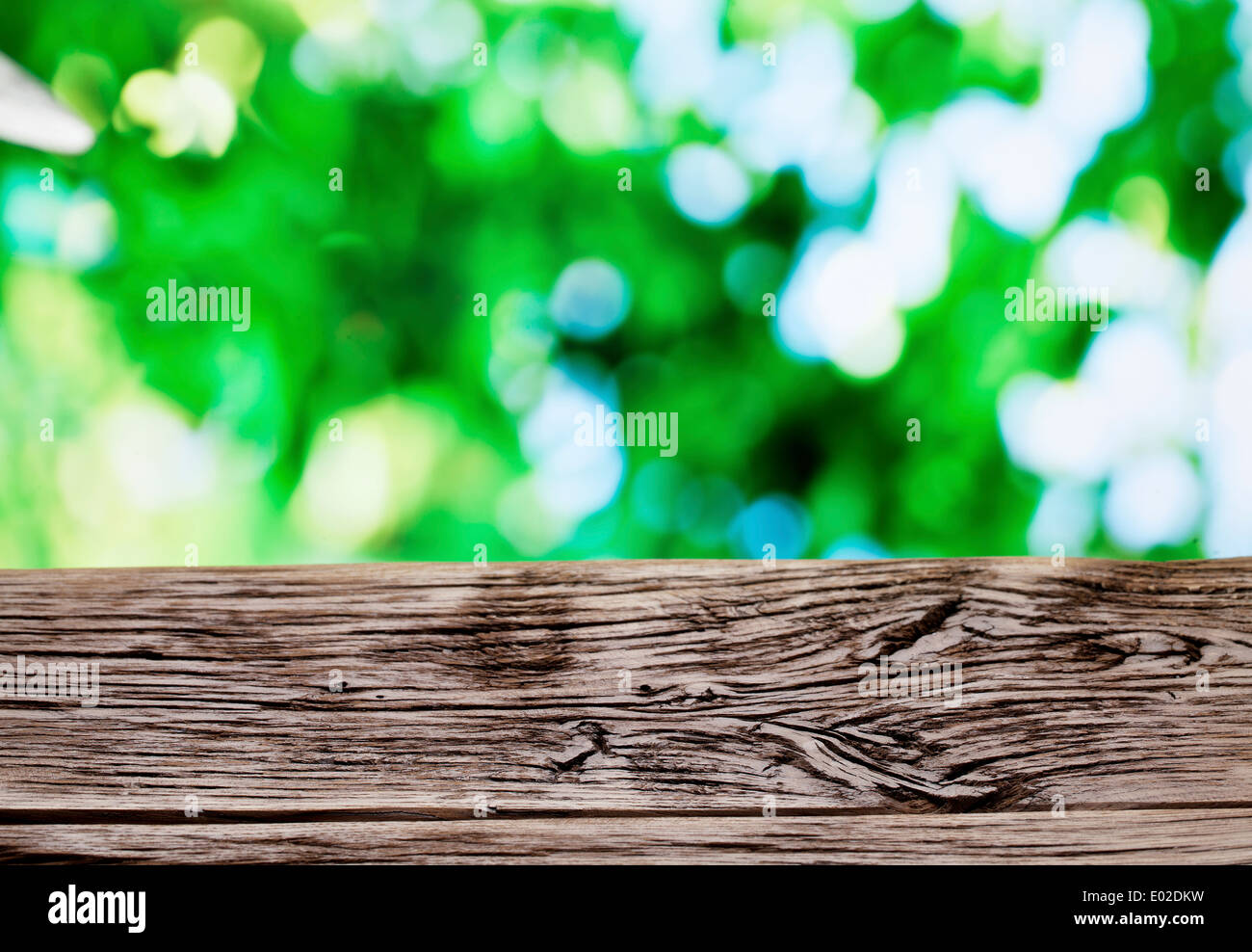 Alten Holztisch mit grünem Laub Hintergrund. Stockfoto