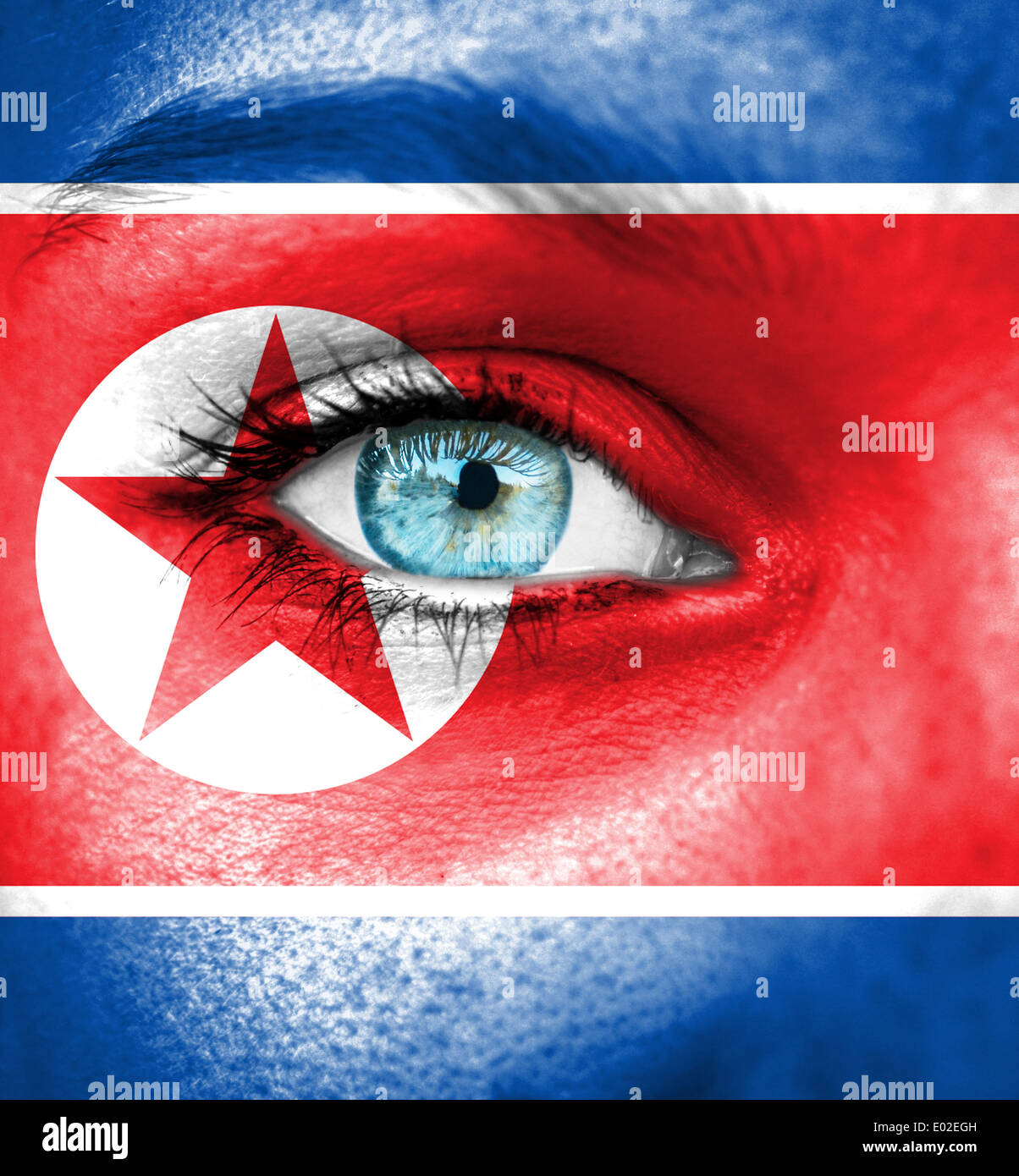 Frau Gesicht gemalt mit Flagge von Nordkorea Stockfoto