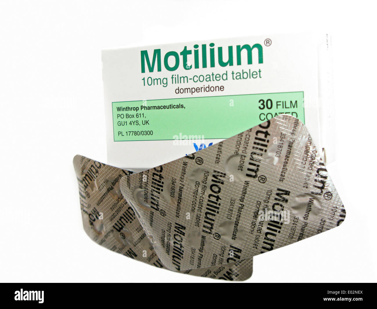 Motilium Tabletten Dopamin-Antagonist wirkt als Magen Motilität Agent bewegliche Nahrung schneller durch Speiseröhre, Magen, Darm Stockfoto