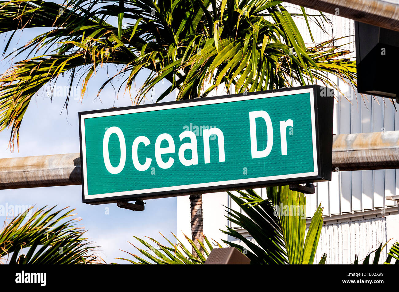 Straßenschild der berühmten Straße Ocean Drive Stockfoto