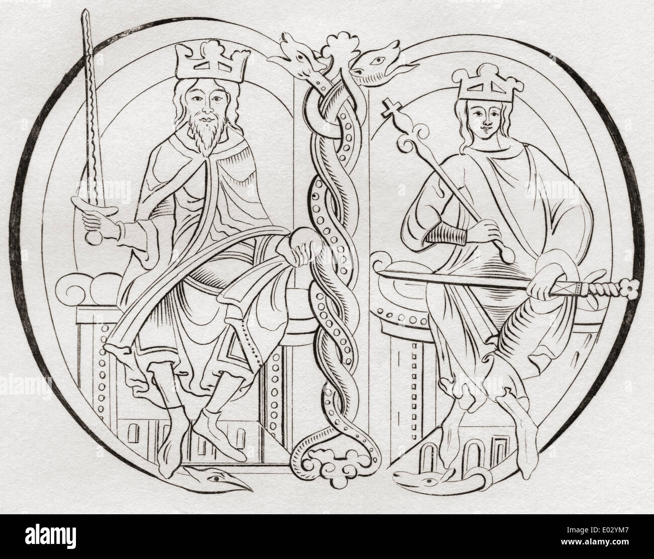 David, ich verließ, 1084 –1153. Prinz von der Cumbrians.  Malcolm IV, rechts. Beide Könige der Schotten. Stockfoto