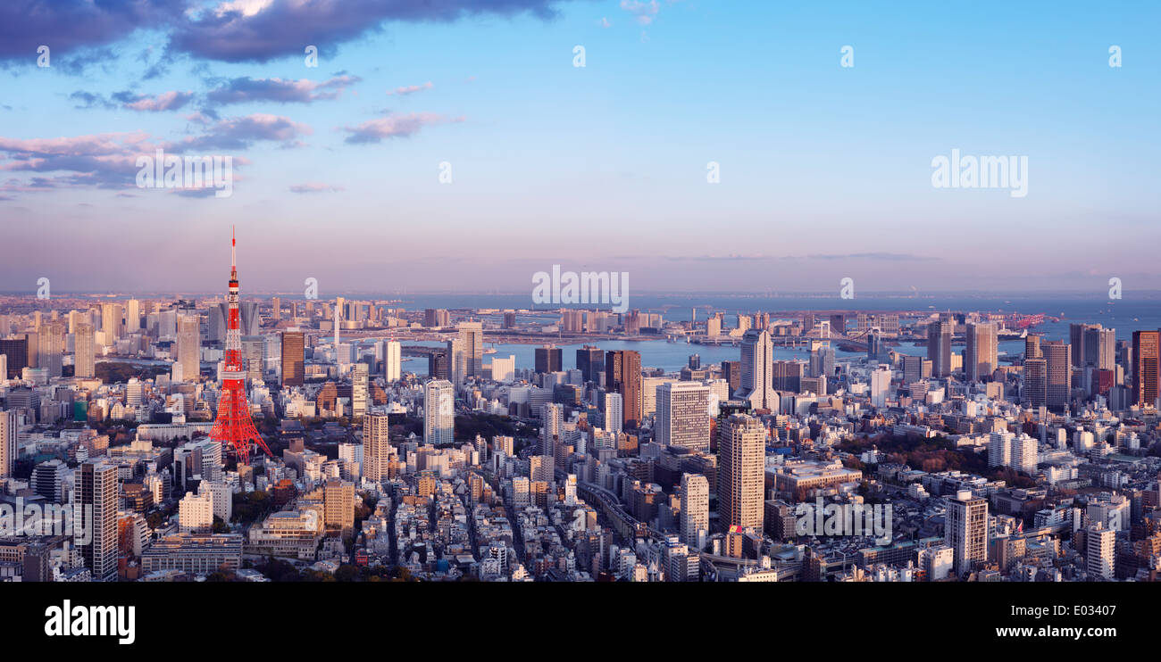 Lizenz verfügbar unter MaximImages.com - Tokyo Tower in Stadtlandschaft mit Odaiba, Regenbogenbrücke und Tokyo Bay im Hintergrund, Panoramablick sce aus der Luft Stockfoto