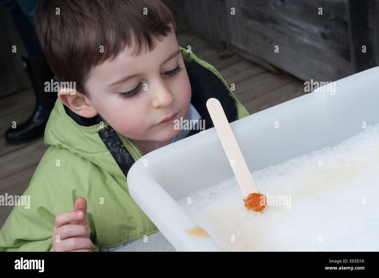 Kind und Ahornsirup Taffies auf Schnee am traditionellen Zucker shack Eastern Townships Quebec Stockfoto