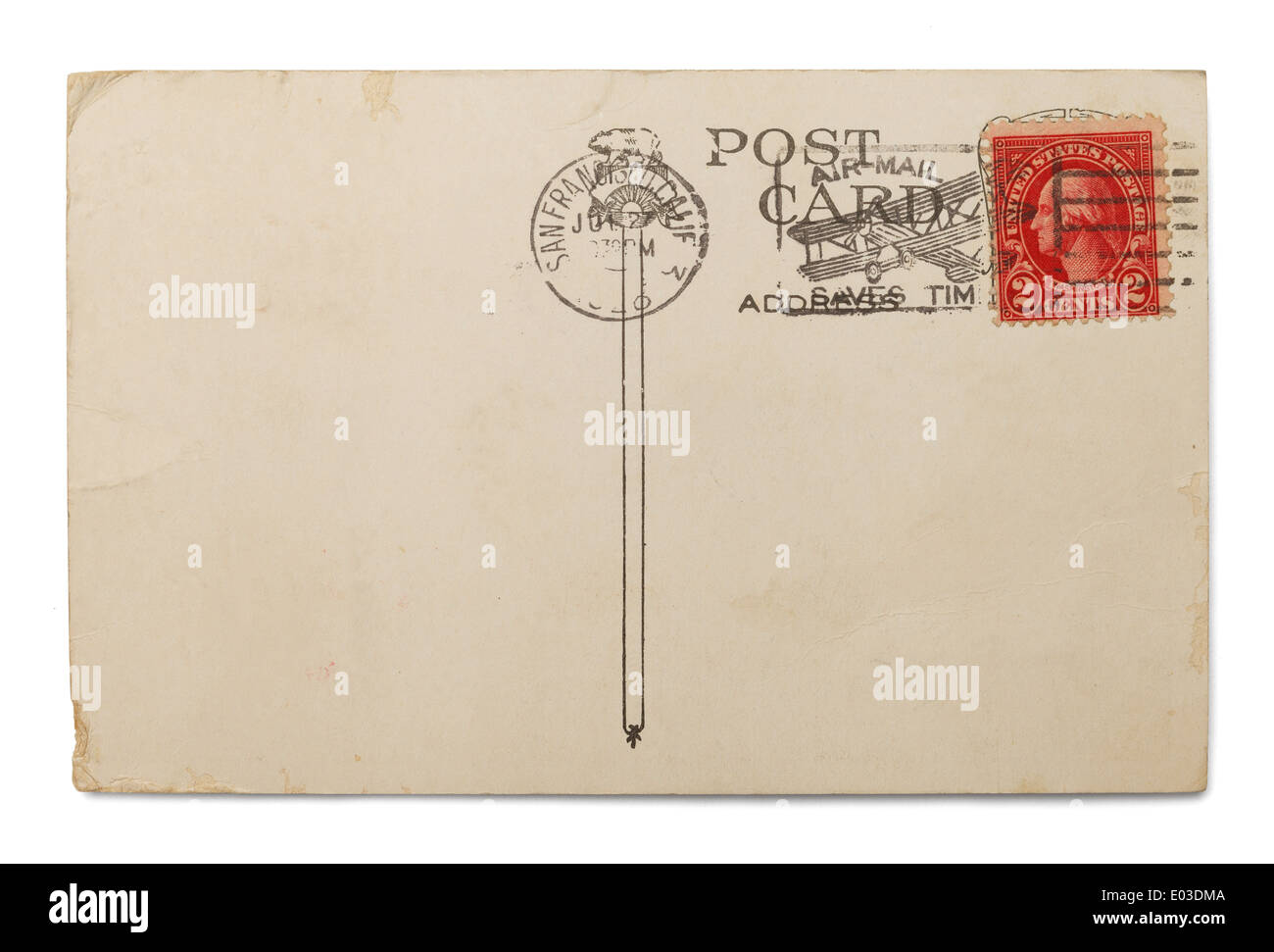 Leere Postkarte mit Luftpost Poststempel, Isolated on White Background. Stockfoto