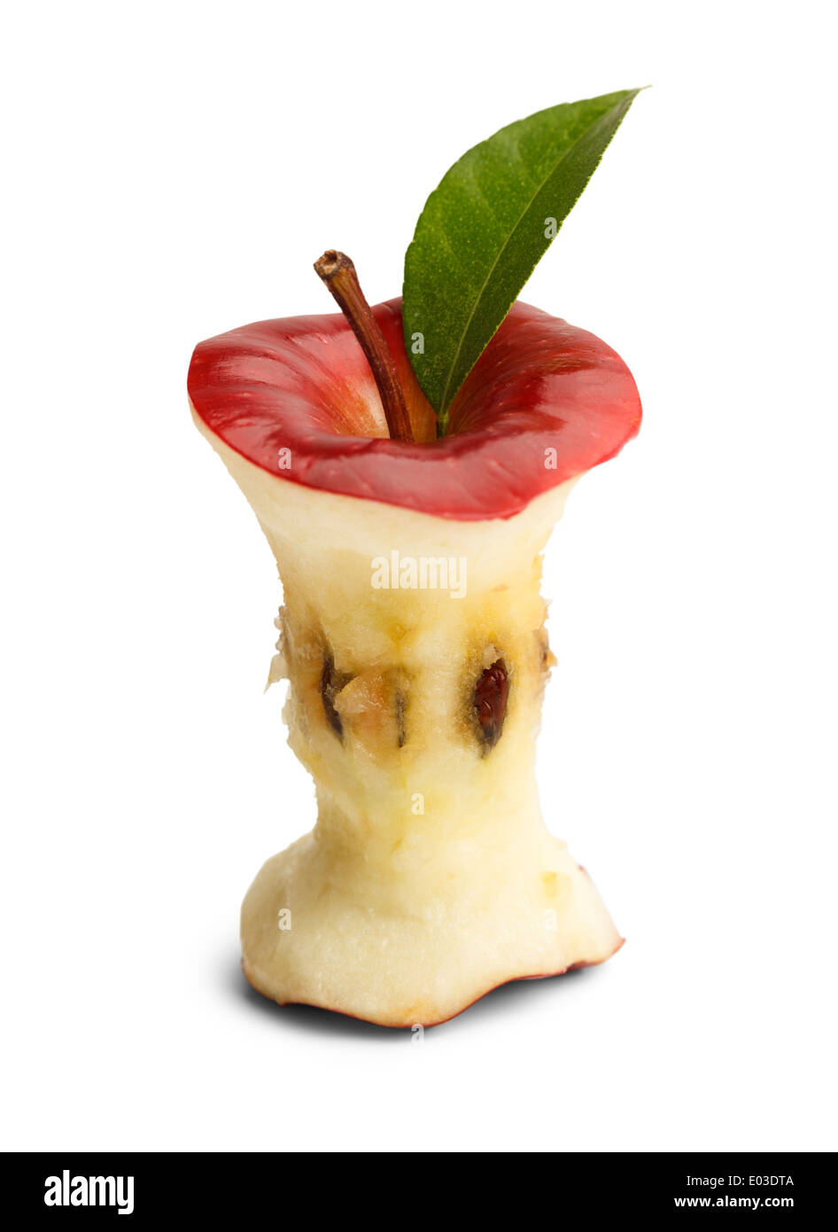 Apfel-Kern, mit grünen Blatt Isolatd auf weißem Hintergrund gegessen. Stockfoto