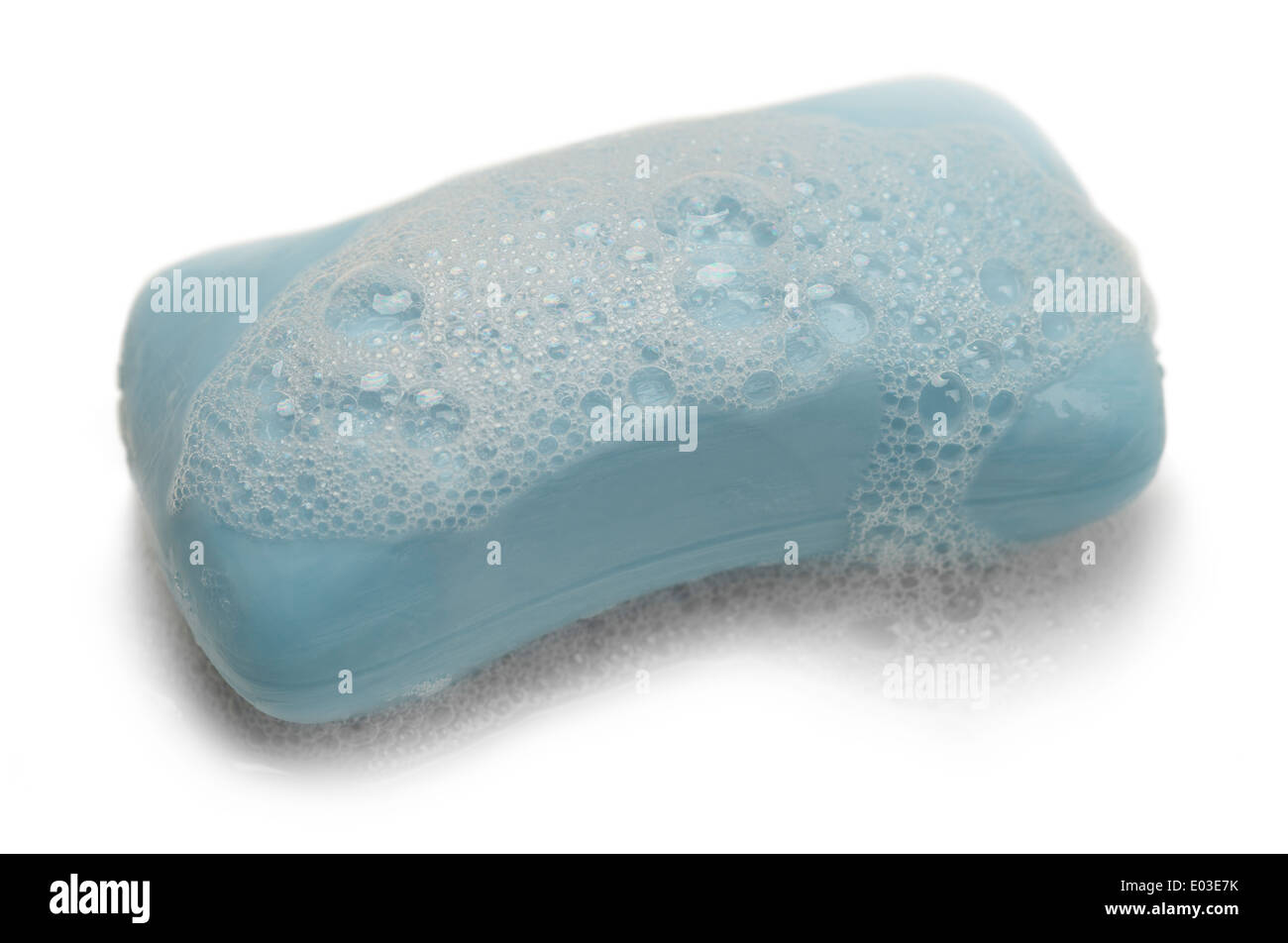 Blaue Seife mit Bläschen, Isolated on White Background. Stockfoto