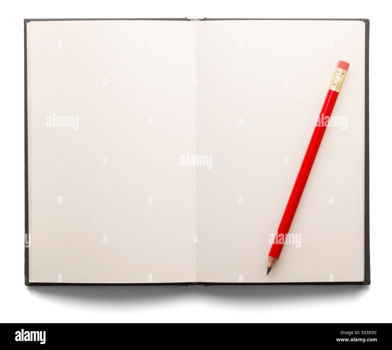 Offenes Buch mit weißen Seiten und einen roten Stift auf einem weißen Hintergrund isoliert. Stockfoto
