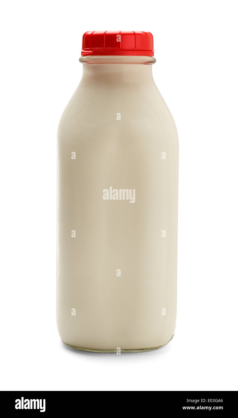 Glasflasche Milch mit roter Kappe isoliert auf einem weißen Hintergrund. Seitenansicht. Stockfoto