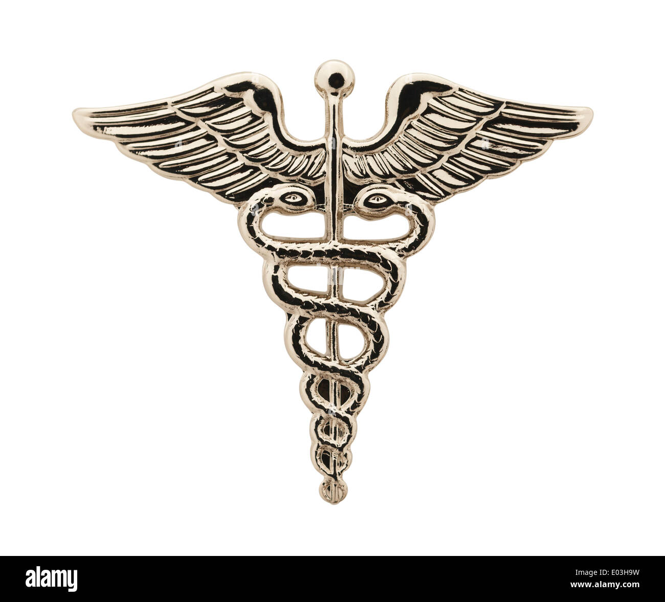 Hermesstab Silber medizinischen Flügel auf weißem Hintergrund isoliert. Stockfoto
