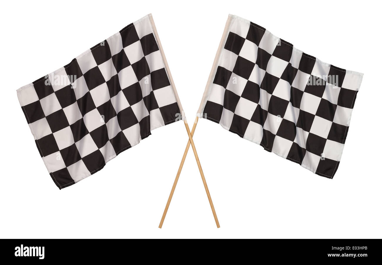 Zwei Checker Flags Criss kreuzten isoliert auf einem weißen Hintergrund. Stockfoto